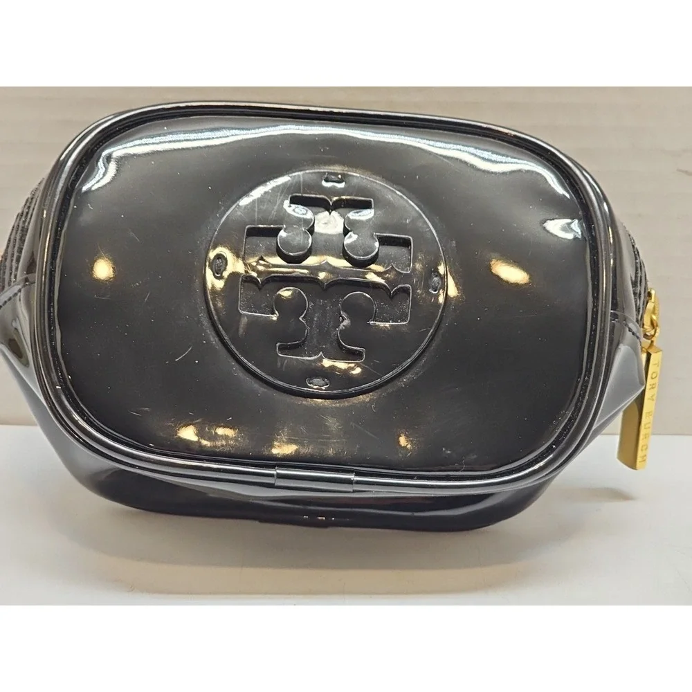 Tory Burch Black Patent Leather Small Cosmetic Case /Travel Makeup Case